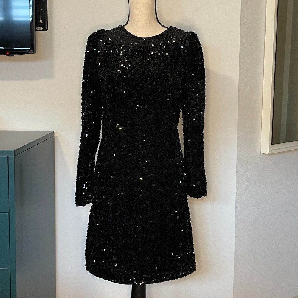 H&M Sequined Black Long Sleeve Mini Dress Sz M